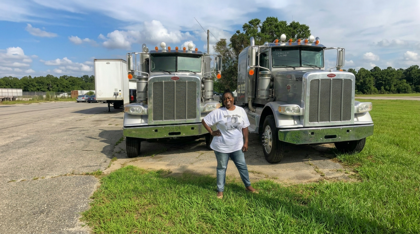 Proud driver standing in front of two polished Peterbilt semi-trucks